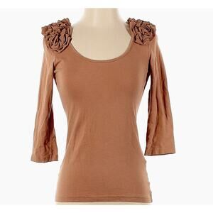 H&M Burnt Rust Ruffled Rosette Embellish Shoulder 3/4 Sleeve Scoop Neck Top S